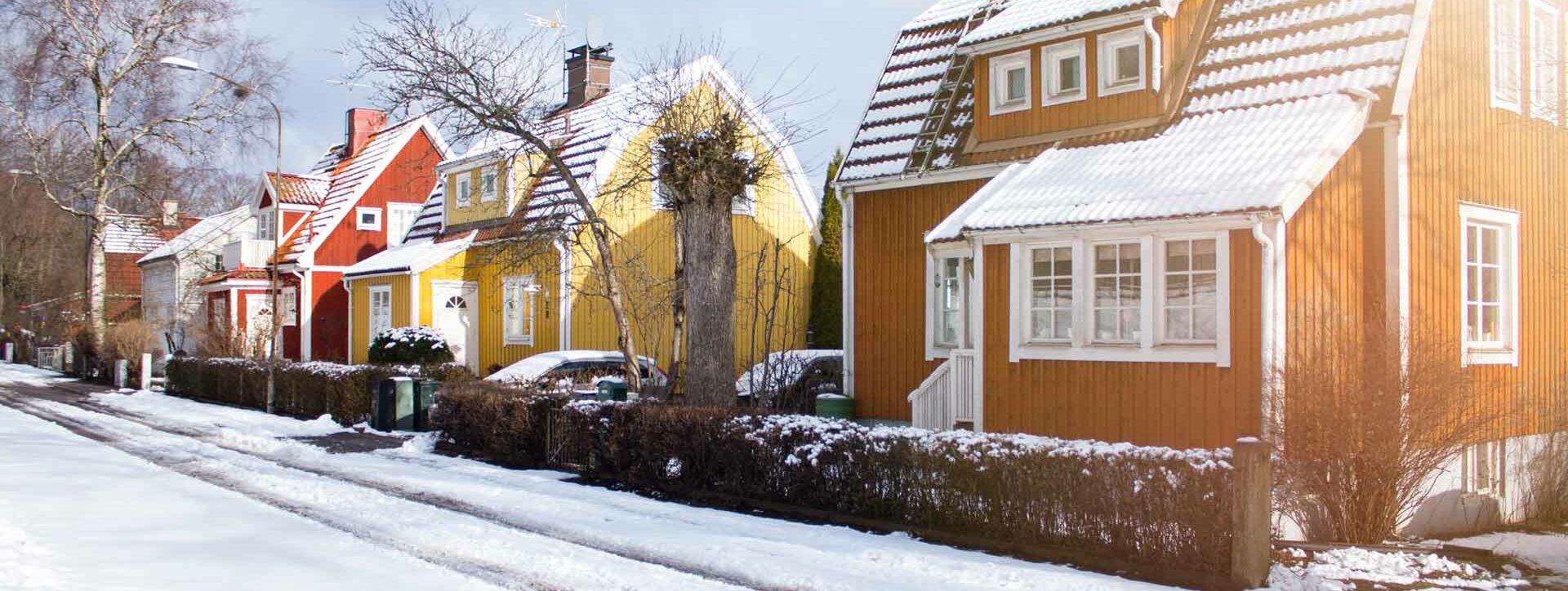 Wooden houses and snow