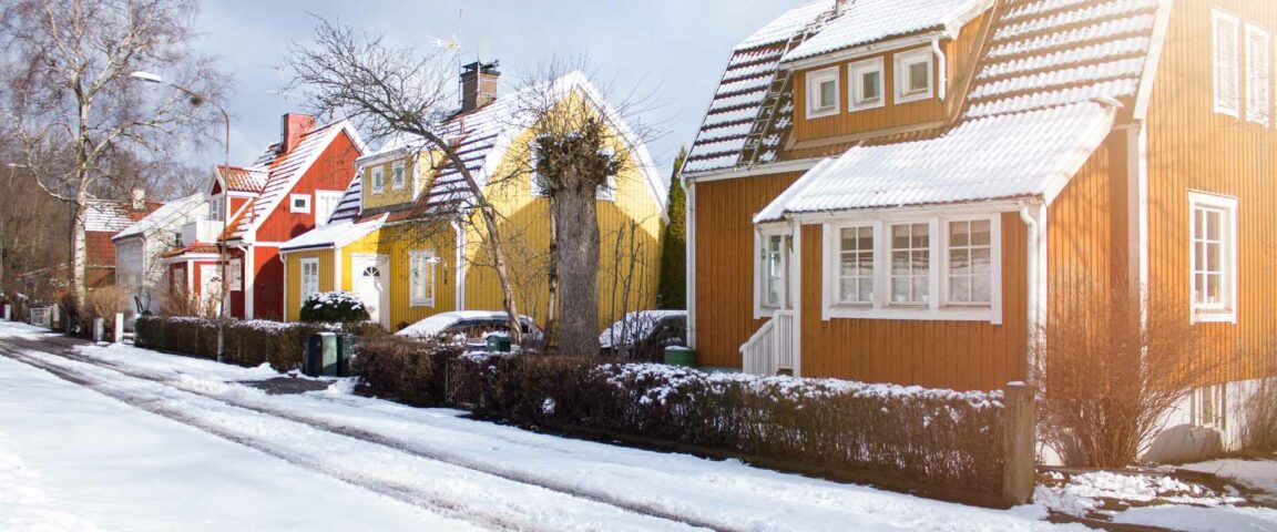 Wooden houses and snow