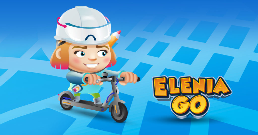 Kuvassa EleniaGO-logo ja hahmo sähköpotkulaudalla