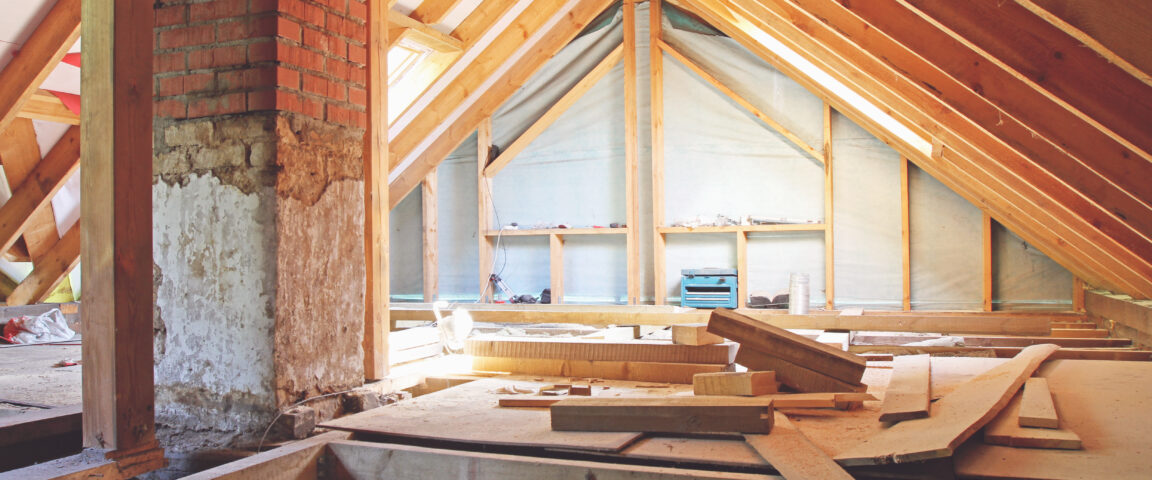 an interior view of a house attic under construction